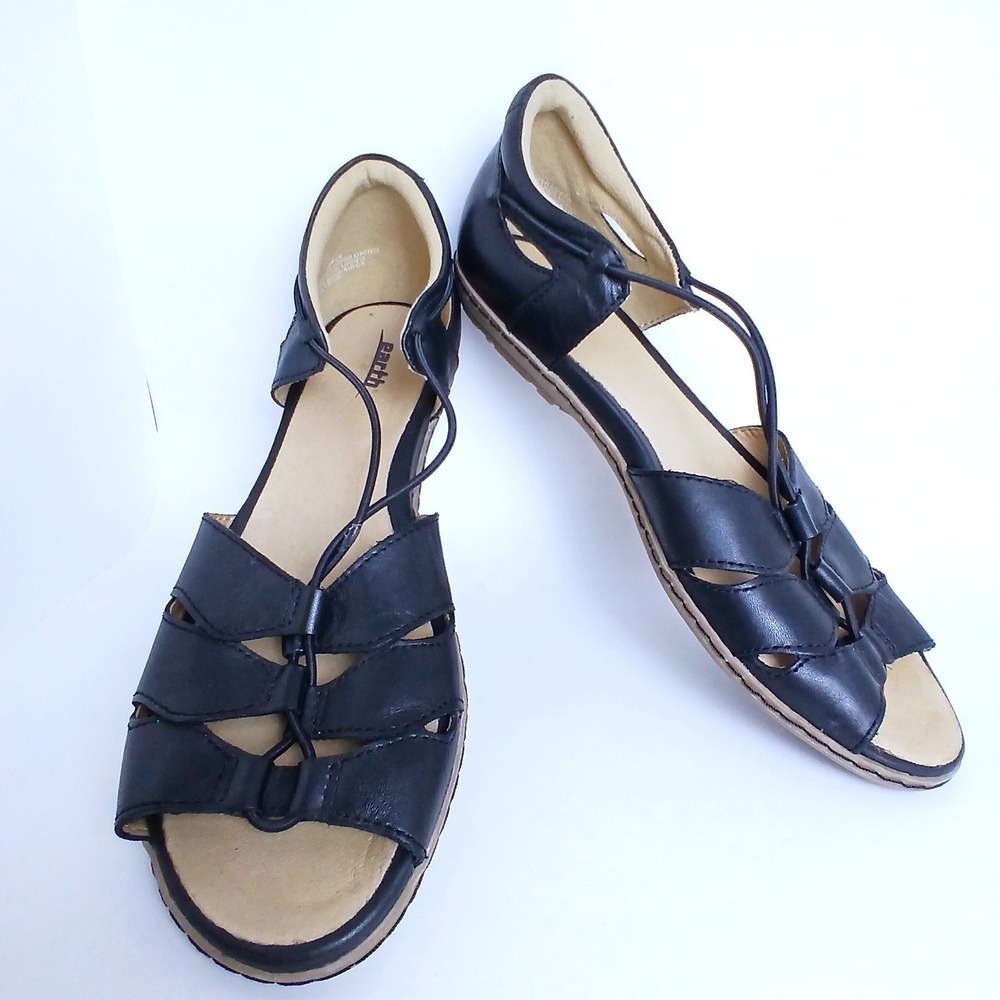 Earth Women 9 Black Leather Fisherman Sandals Lace Up Comfort Boho Walking Shoes